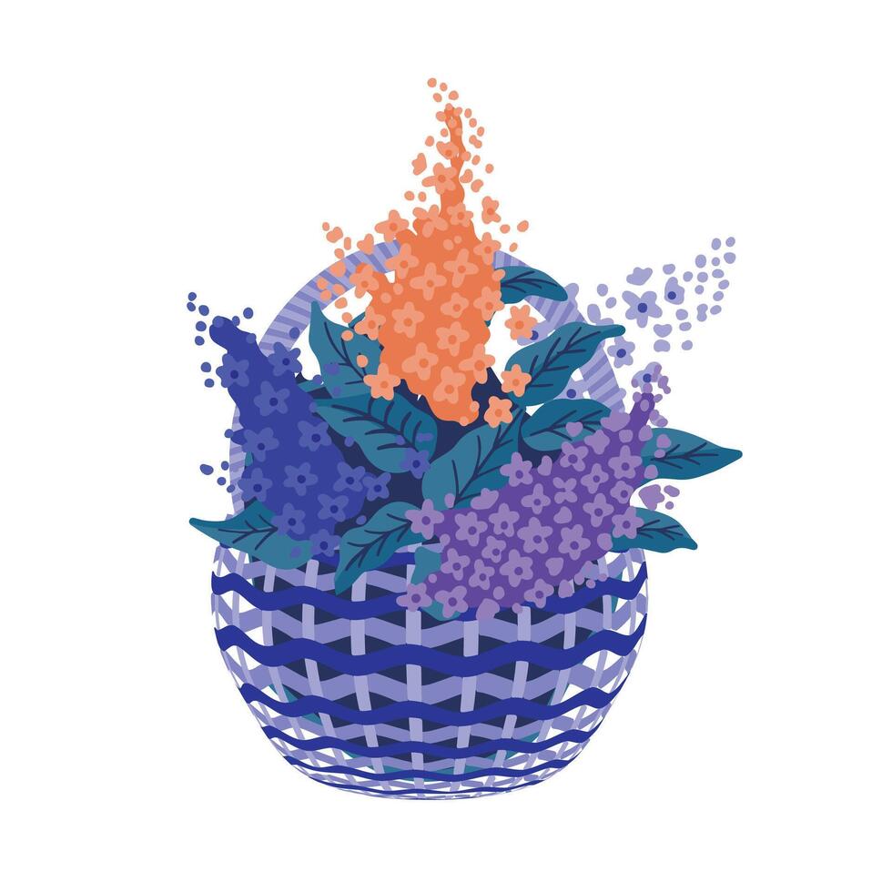 Vector large wicker basket with wildflowers on white background