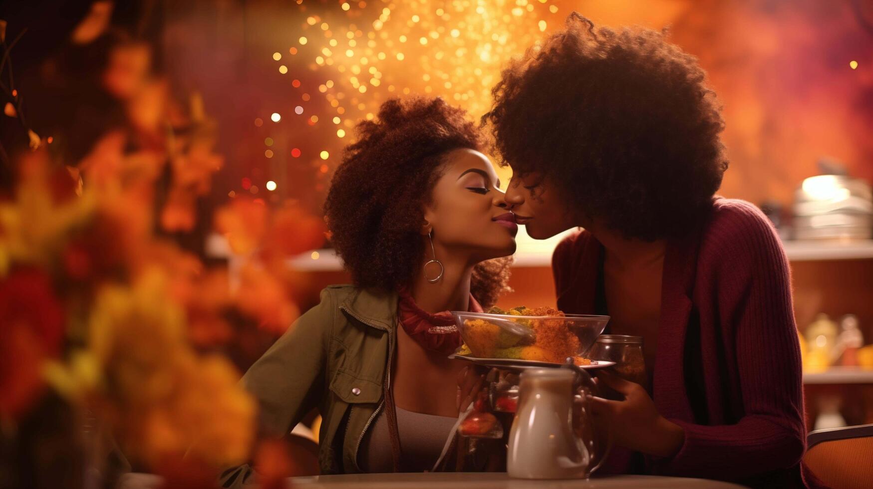 AI generated A touching scene as a grateful black girl shows her love for her mother with a kiss on the cheek during a Thanksgiving celebration, photo