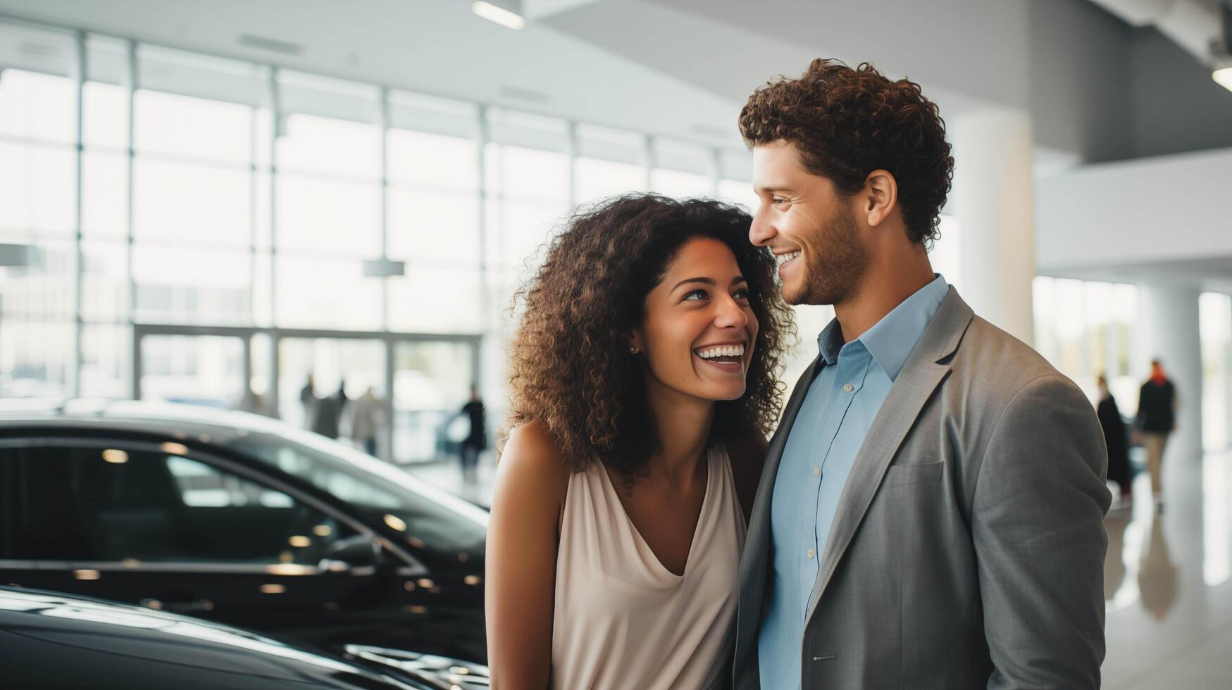 AI generated A delighted multiracial couple explores the interior of a new car in a showroom, marveling at its features and comfort, photo