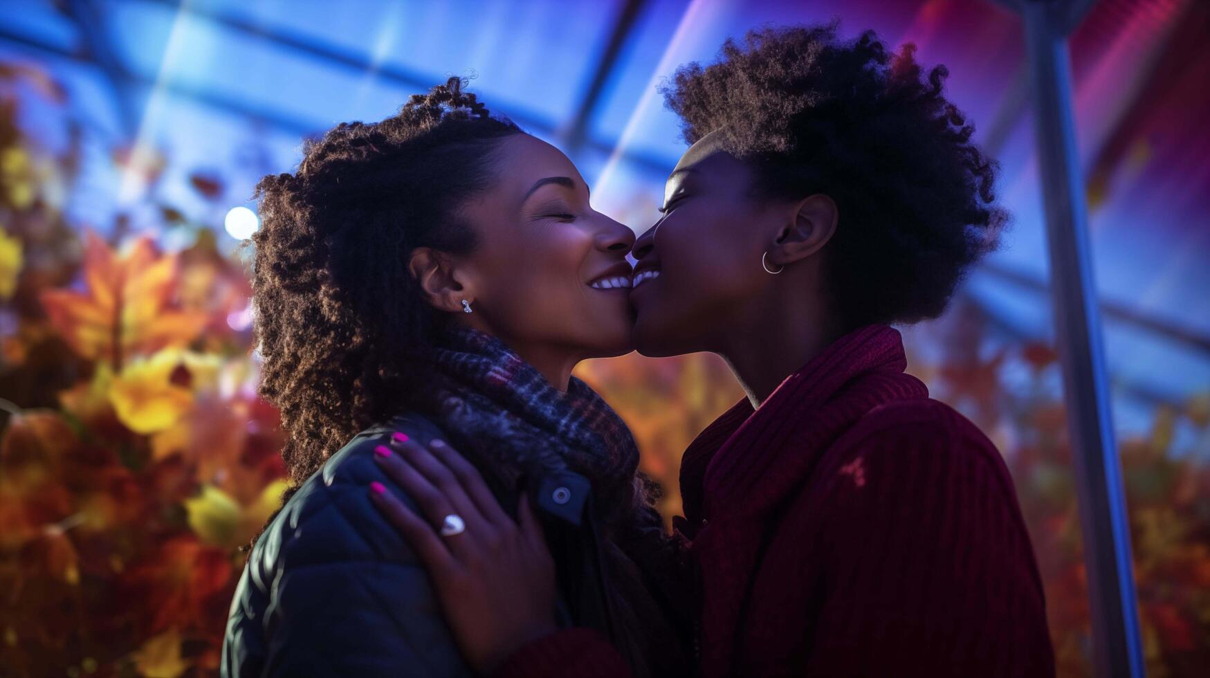 AI generated two African American women, lesbians in love, kissing, photo