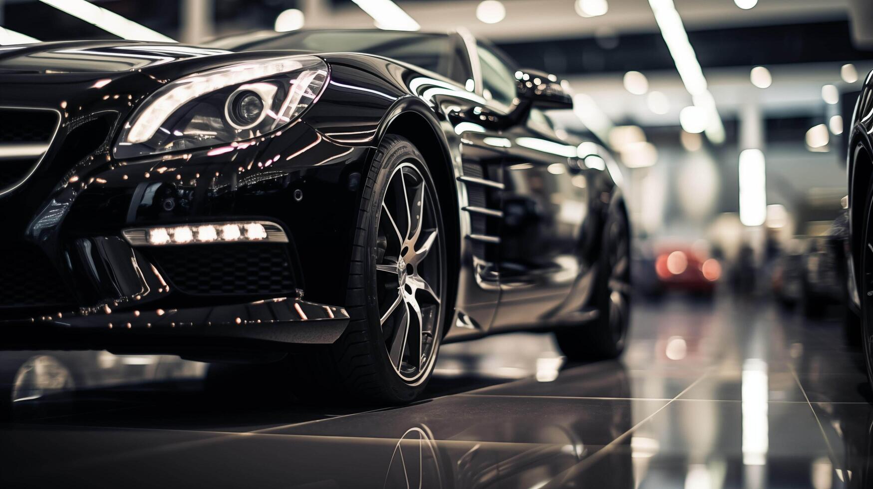 AI generated close up of a glossy black car which is giving a stunning look. photo