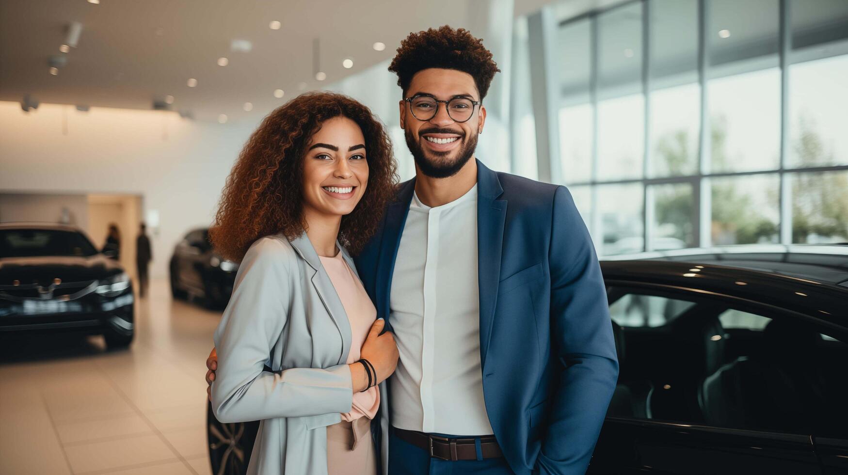 AI generated a shiny new car on display in a modern showroom, the sleek lines and polished surfaces reflecting their smiles and enthusiasm, photo