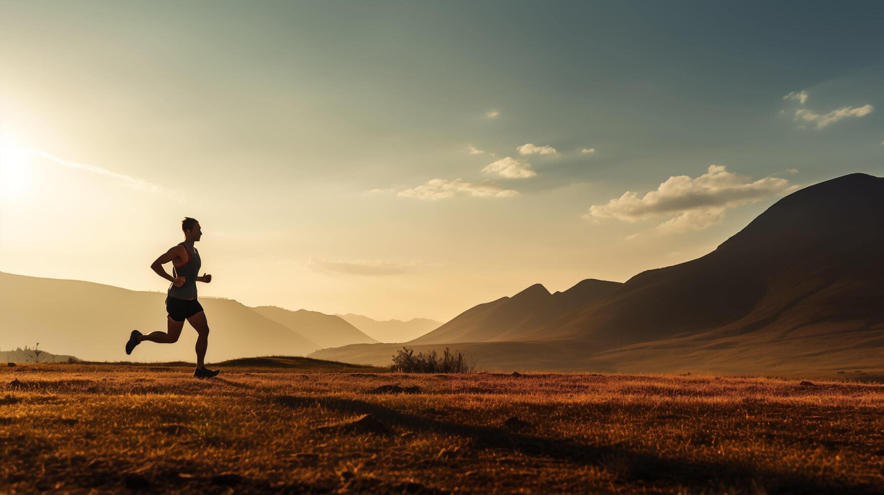 AI generated silhouette of a person running on a hill at sunset photo