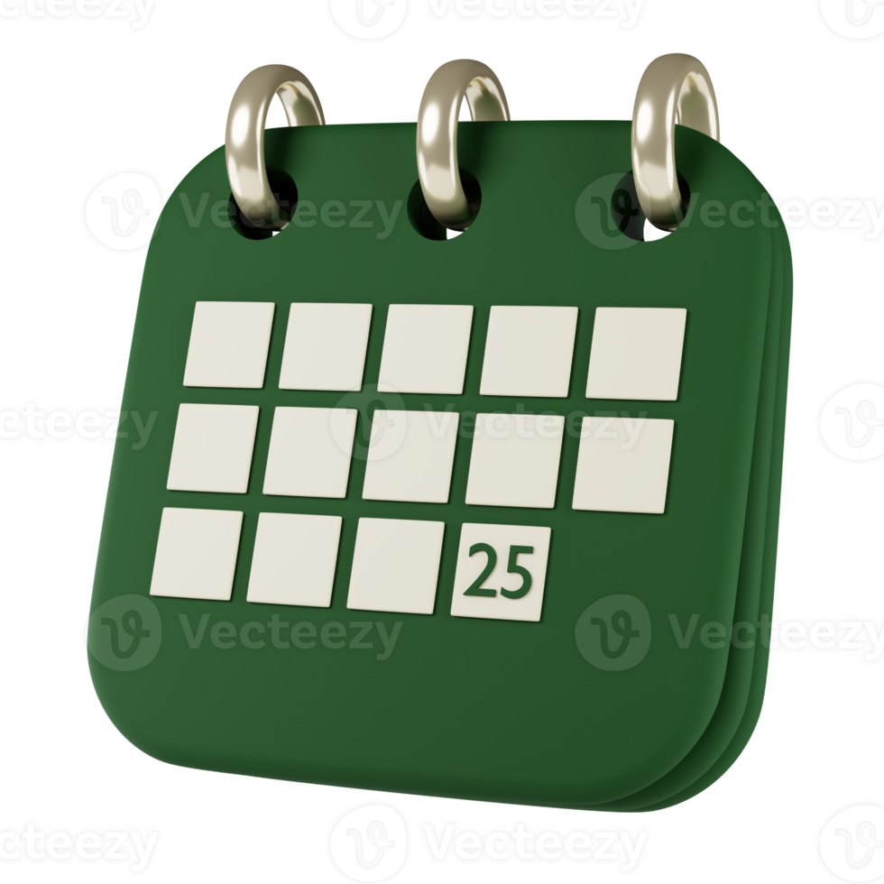 Calendar with marked date 3d render illustration. Green organizer with rings, golden bound and noted with Christmas day png