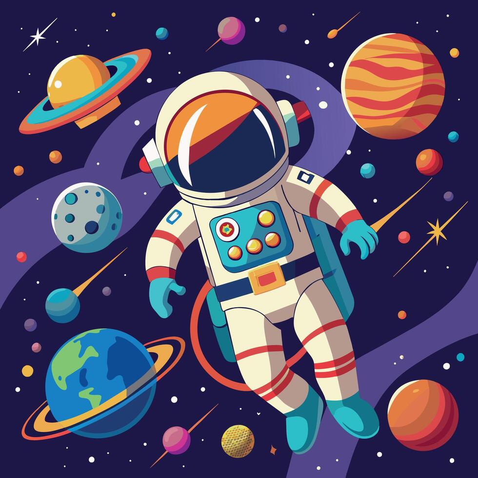 vistoso dibujos animados de un astronauta ilustrador y vector gráficos