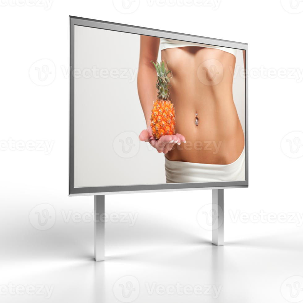 Beautiful female belly and pineapple on a billboard. 3D rendering png