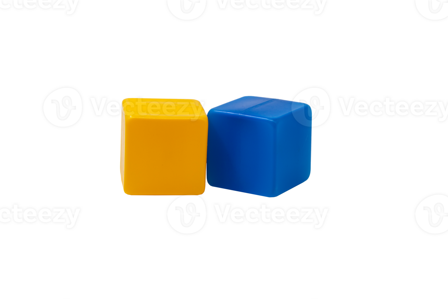 Multicoloured plastic cubes for children's play. Yellow and blue cubes lying next to each other. No background. One next to the other. Horizontally. High quality photo. png