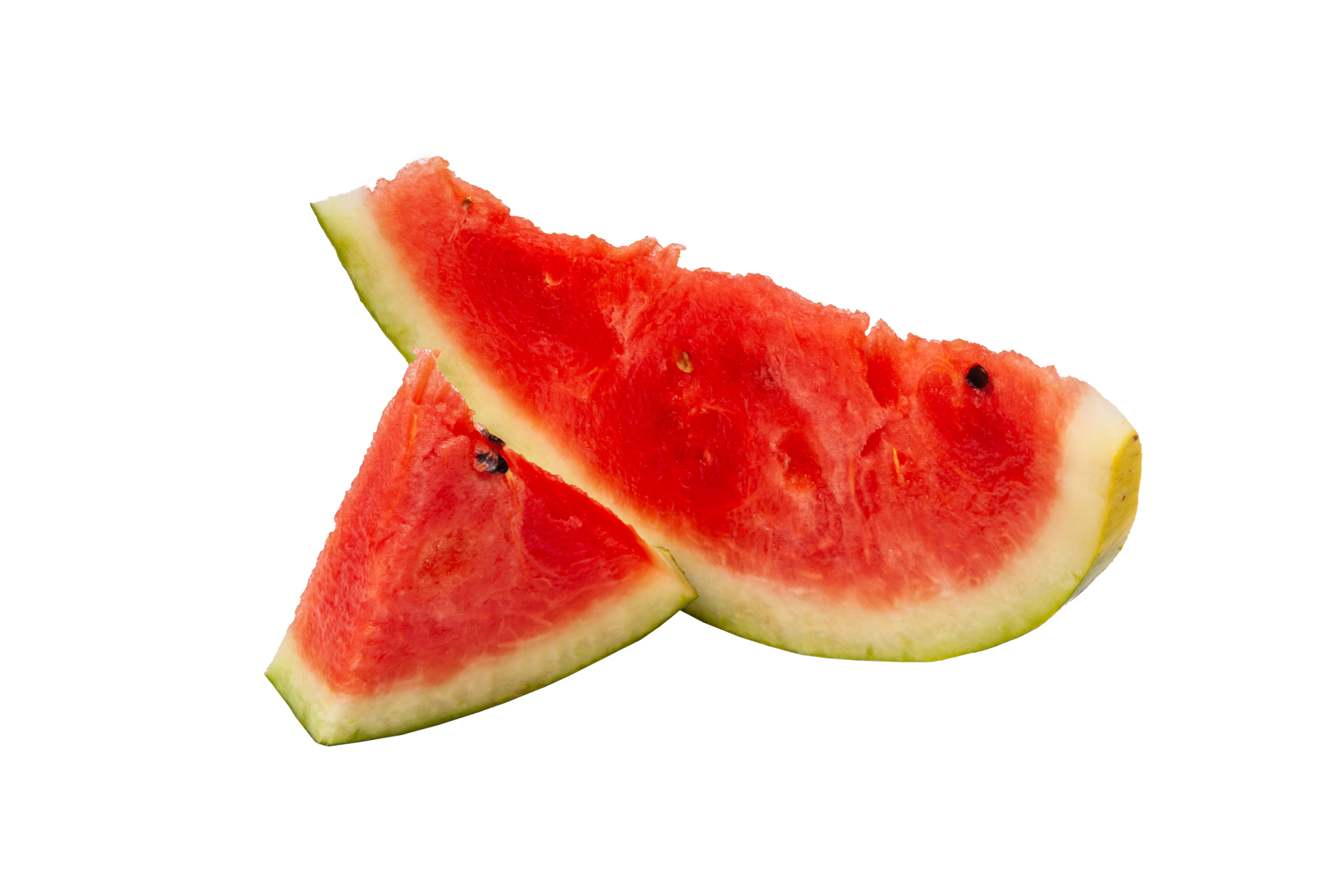 Cut red ripe watermelon with green rind into small pieces of different