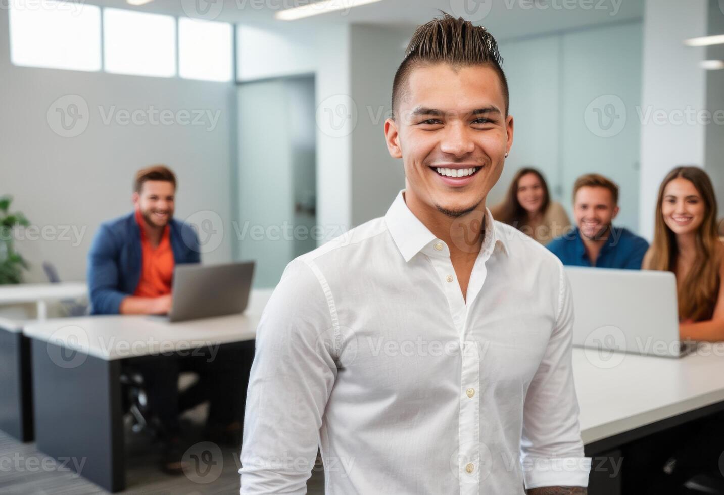 AI Generated Man in business casual attire smiling while working. Welcoming and professional atmosphere. photo