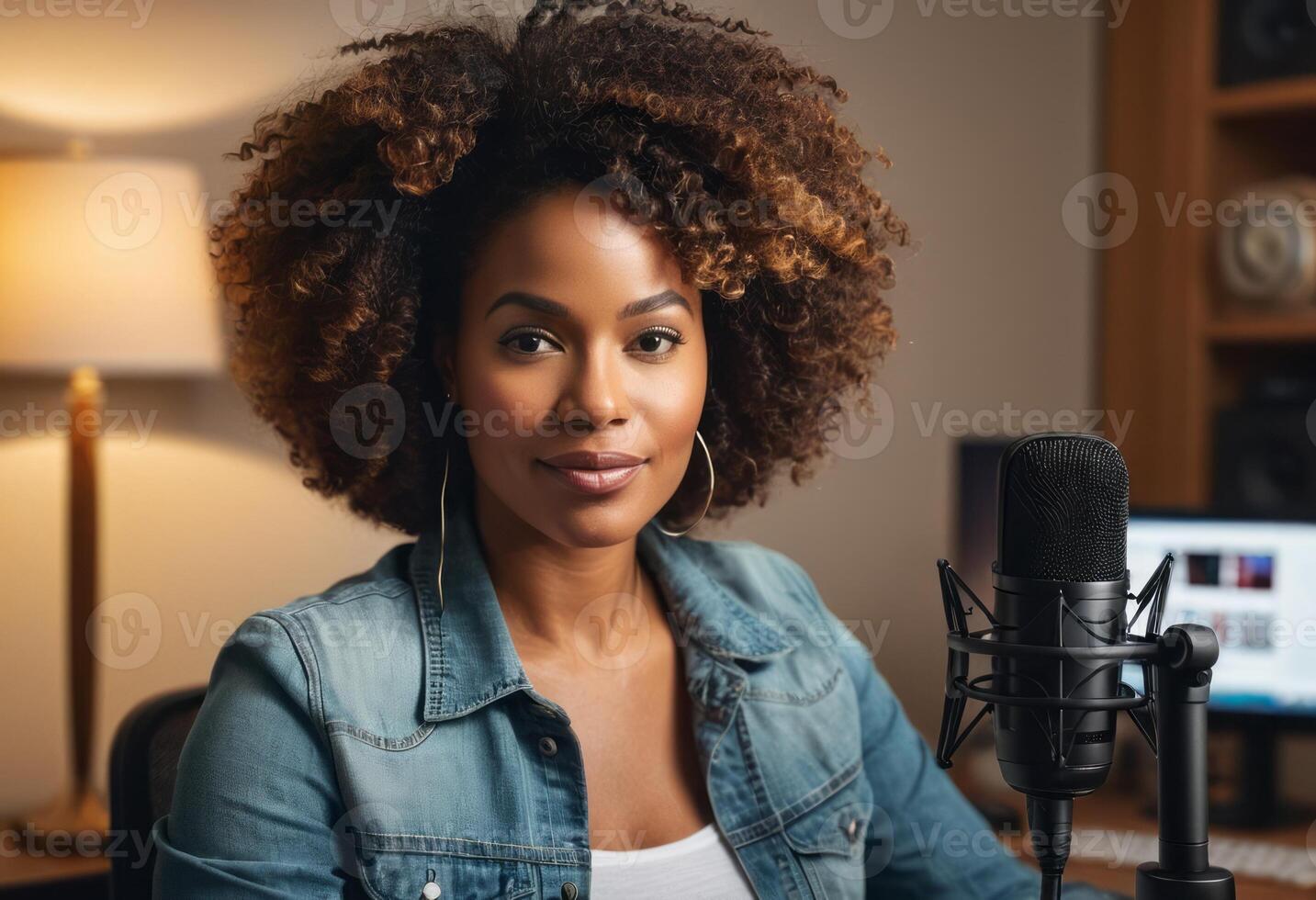 AI Generated Confident woman with headphones podcasting in studio. She sits poised at a table with recording equipment. photo