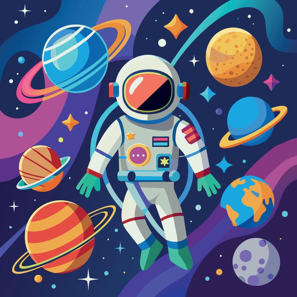 vistoso dibujos animados de un astronauta ilustrador y vector gráficos