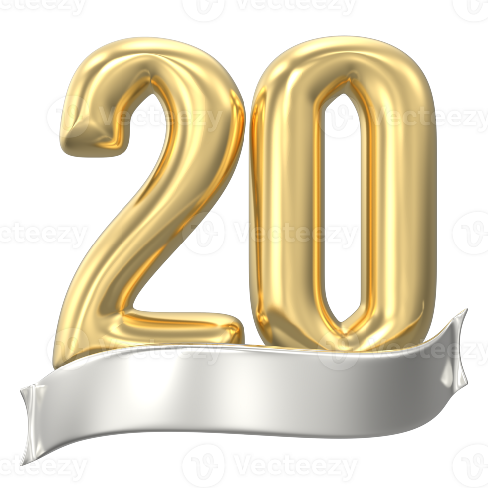Gold Number 20 Anniversary 3D Render png