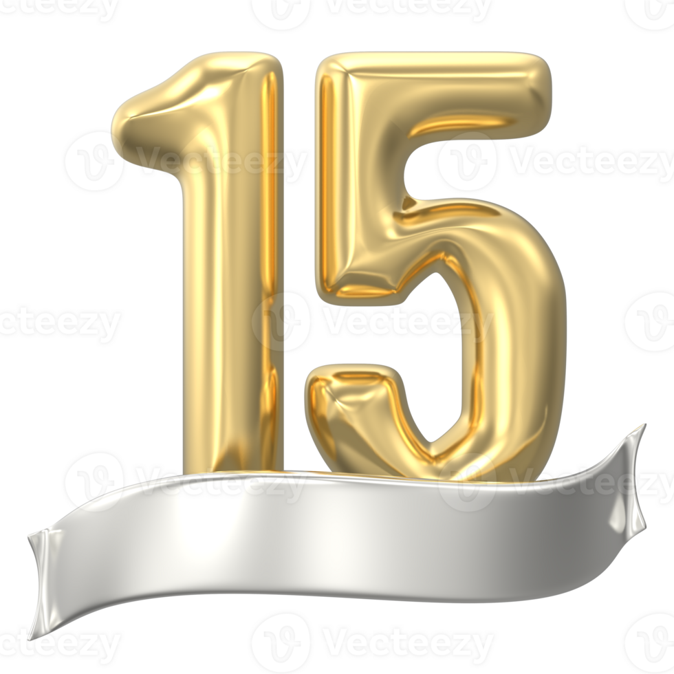 Gold Number 15 Anniversary 3D Render png