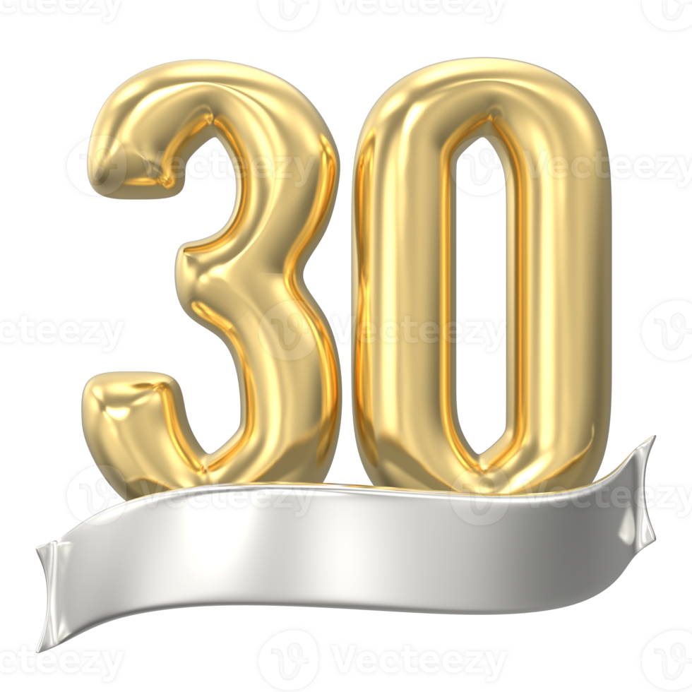 Gold Number 30 Anniversary 3D Render png
