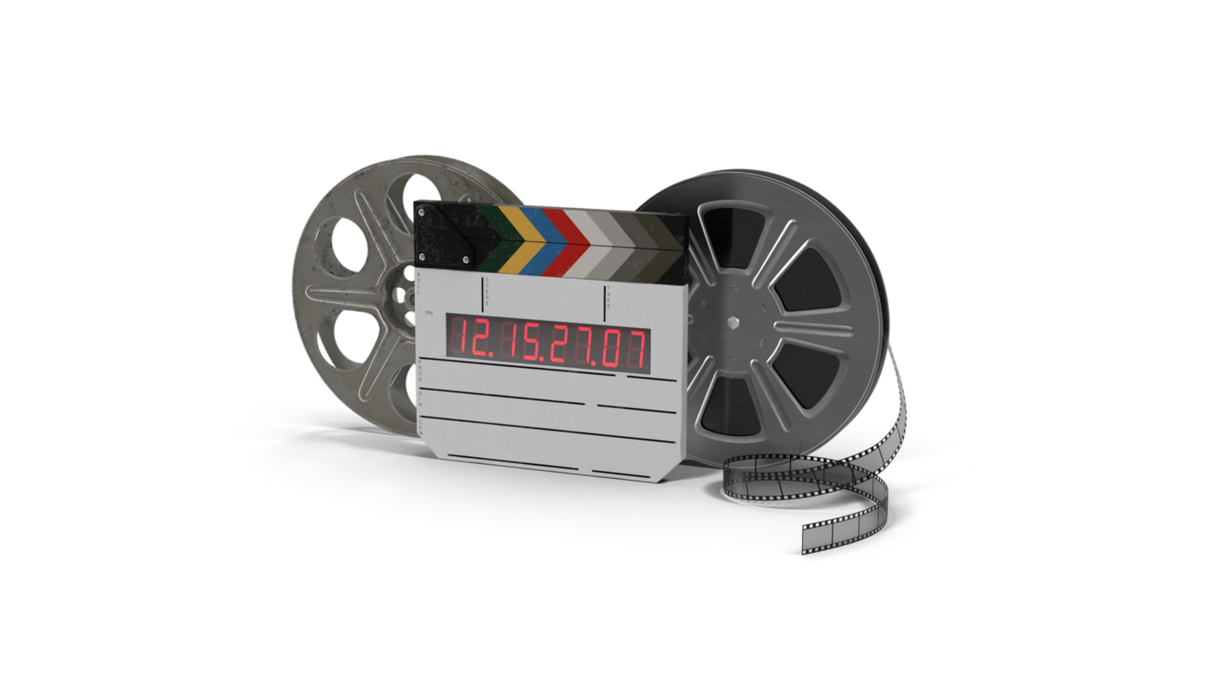 a movie clapper and film reel on a transparent background png