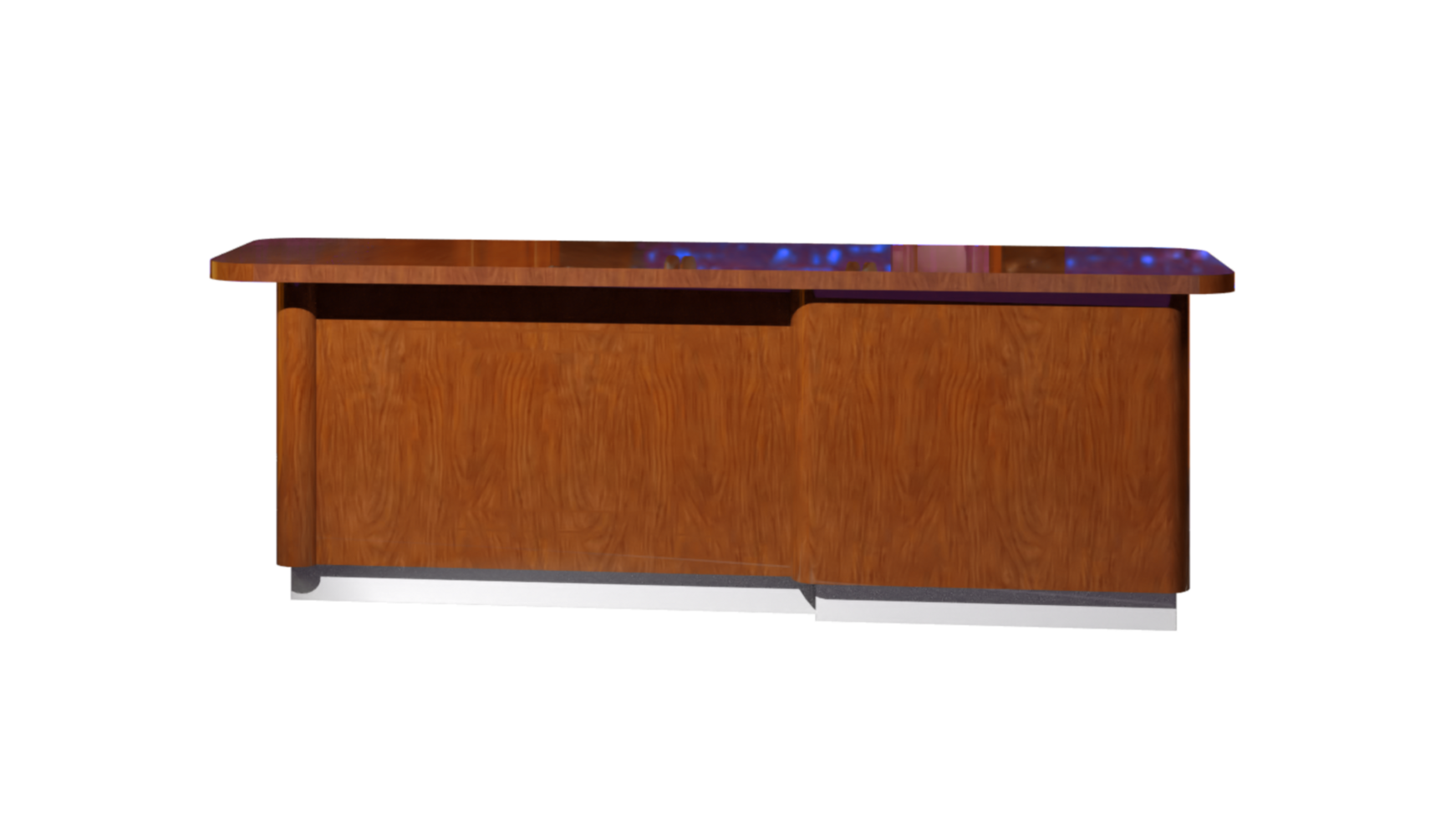 en trä- skrivbord med en blå ljus på den png