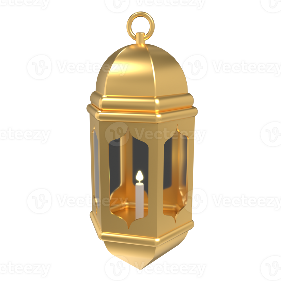 Golden lantern with candle. Arabic lamp. Decoration for ramadan kareem, eid mubarak, islamic new year. 3D rendering illustration png