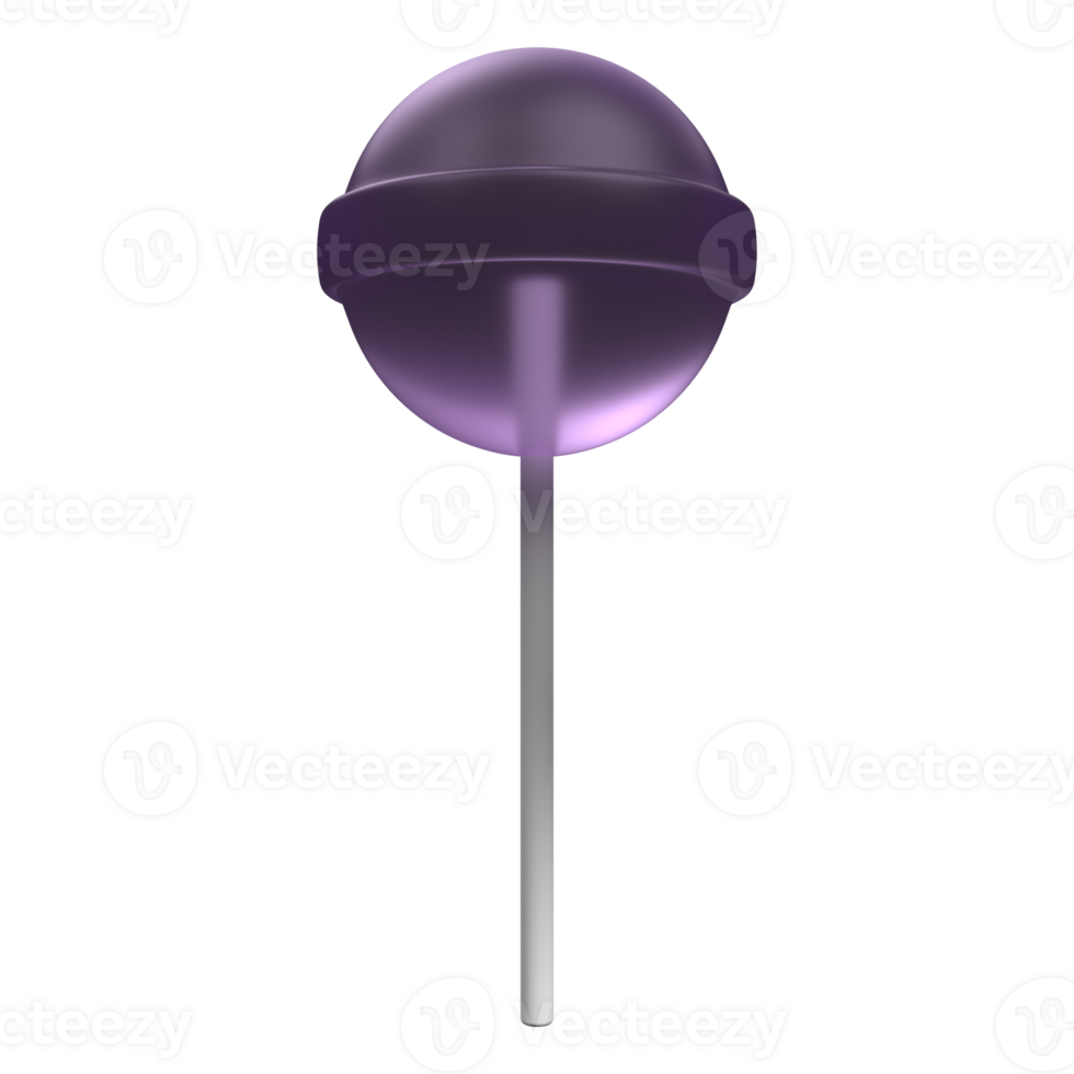 3D lollipop candy icon. Purple lollipop on white stick. Lollipop candy. 3D rendering png