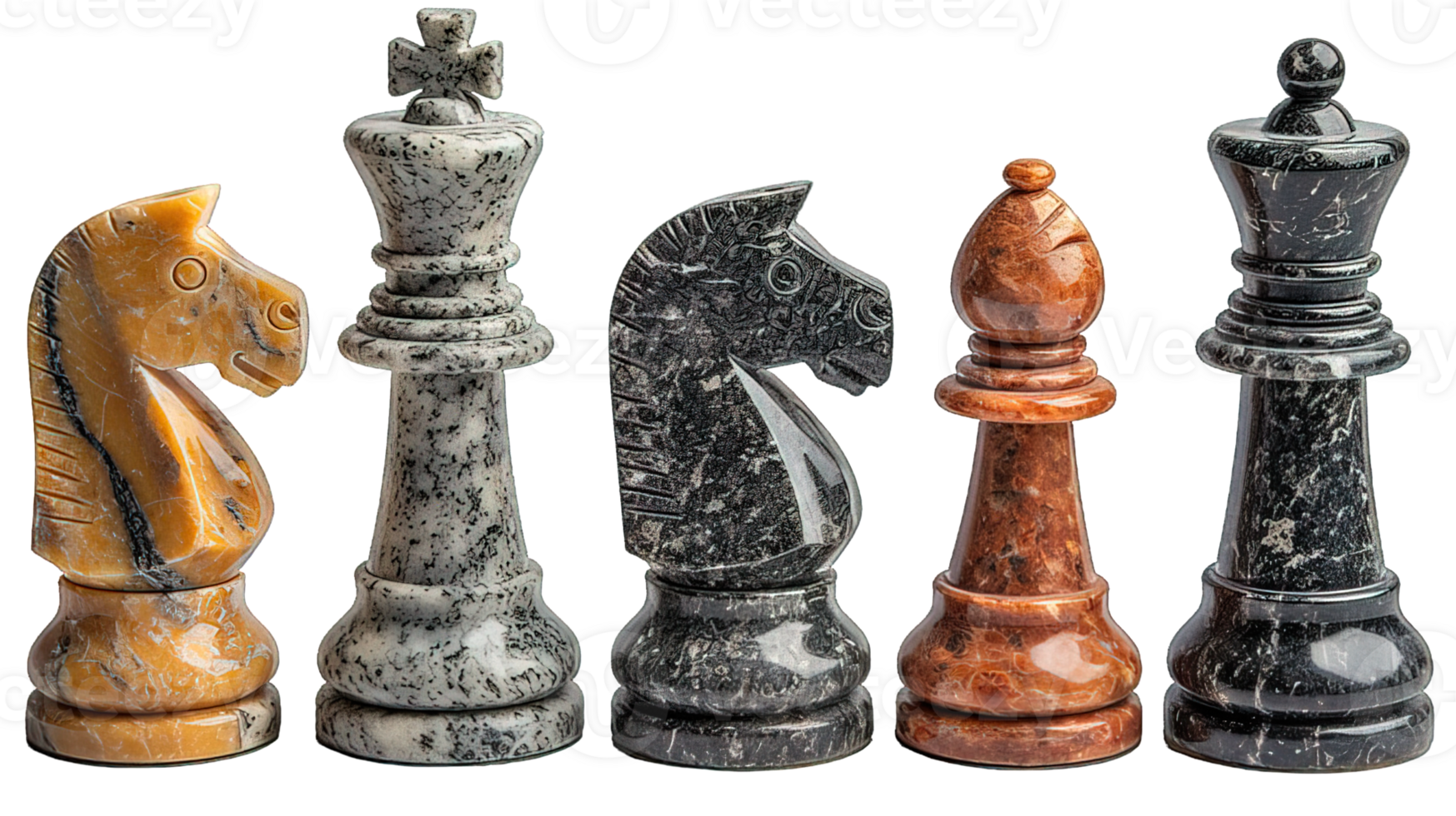 AI generated Set chess pieces isolated on transparent background ,marble chess piece png ,generative ai
