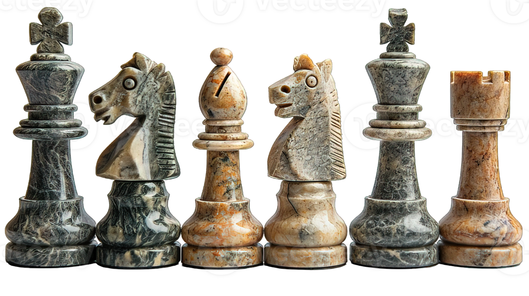 AI generated Set chess pieces isolated on transparent background ,marble chess piece png ,generative ai