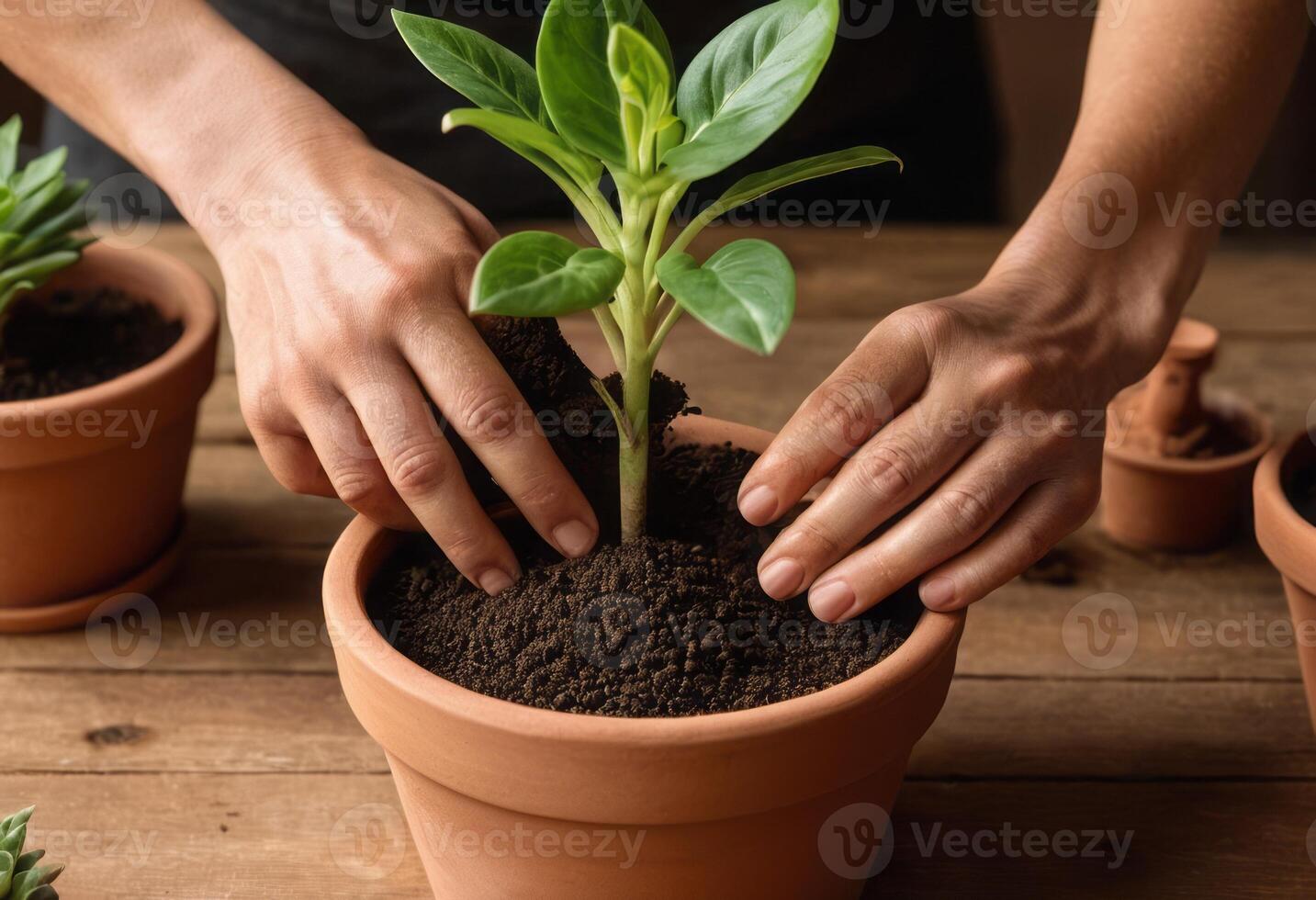 AI Generated Hands are shown potting a new plant into a terracotta pot, indicating a moment of growth and care. photo