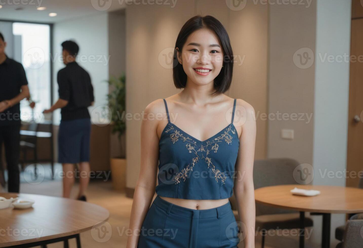 AI Generated A smiling woman standing in an office environment, exuding confidence and workplace readiness. photo