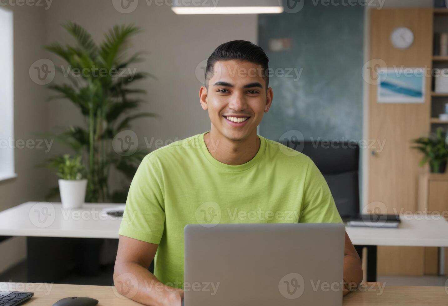 AI Generated Man in lime green shirt smiling while working on laptop. Energetic and lively office setting. photo