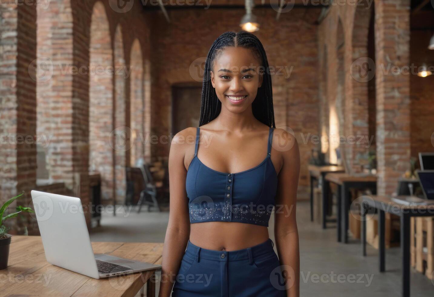 AI Generated A fit woman in athletic wear stands with her laptop in a modern loft office, exuding a lifestyle of health and productivity. photo