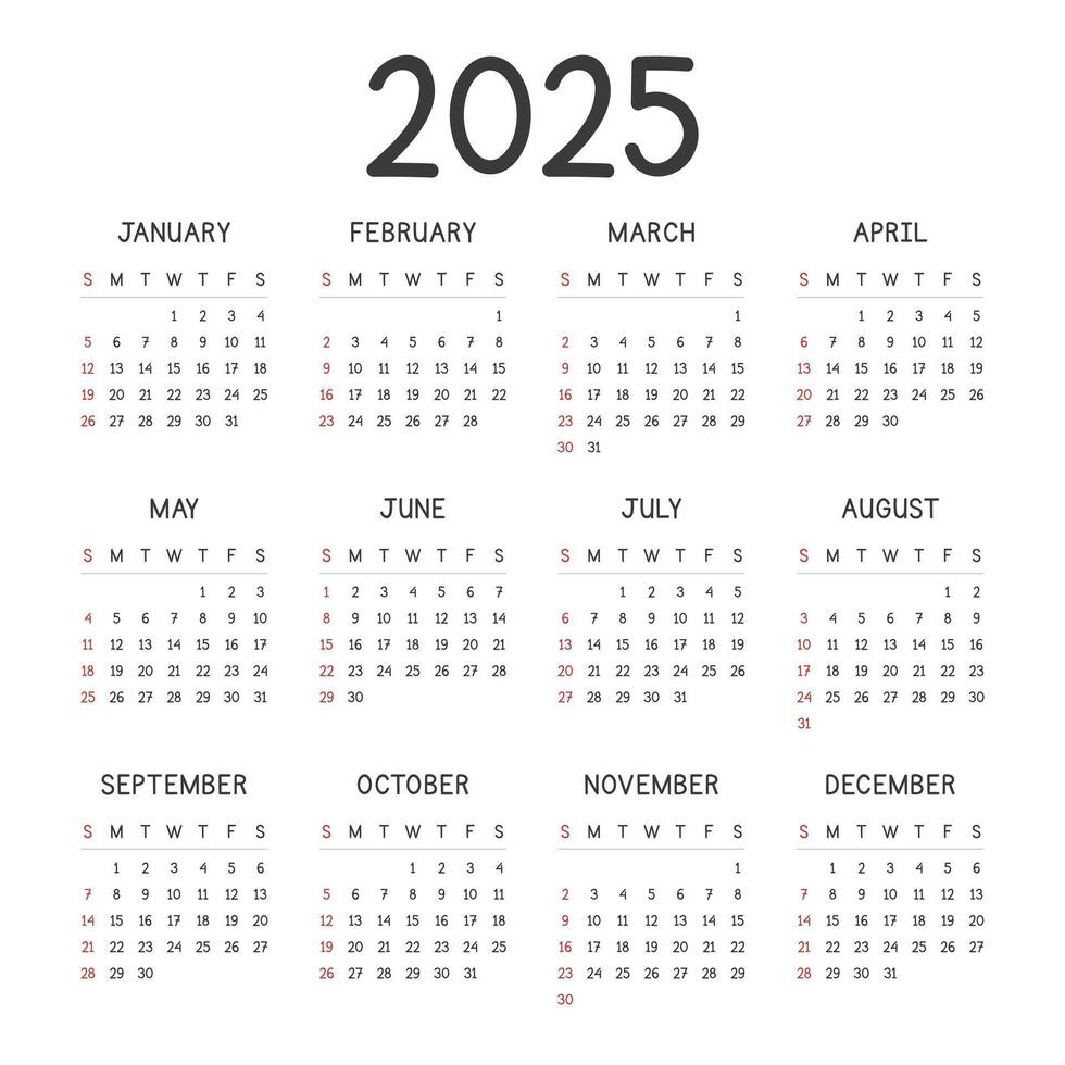 Simple 2025 Calendar Template with a clean and playful text style. Minimal layout vector design. Calendar for the year 2025 tables for 12 months. Modern and elegant design