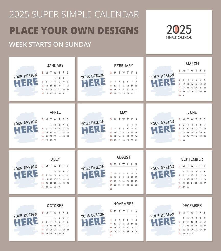 Customizable 2025 Calendar Template with Copyspace for your own design. Minimal layout vector design. Calendar for the year 2025 tables for 12 months. Calendar 2025 with blank, editable design