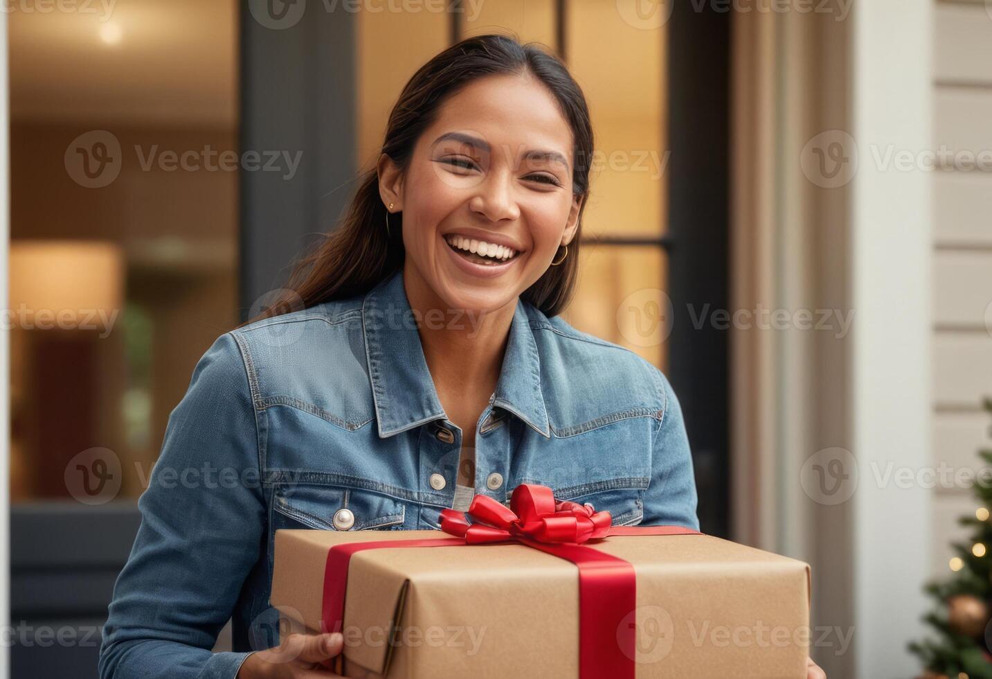 AI Generated A woman receives a gift-wrapped package from a courier outdoors. Her expression is one of pleasant surprise and gratitude. photo