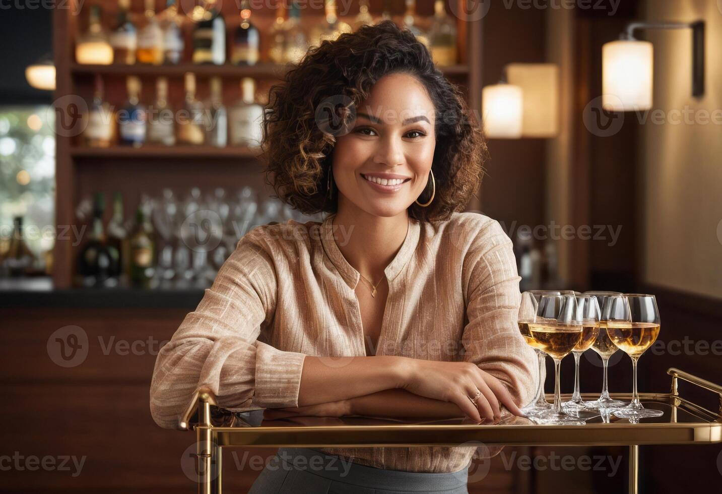 AI Generated A hostess at a wine tasting event stands smiling behind the bar, with glasses of wine displayed in front. photo