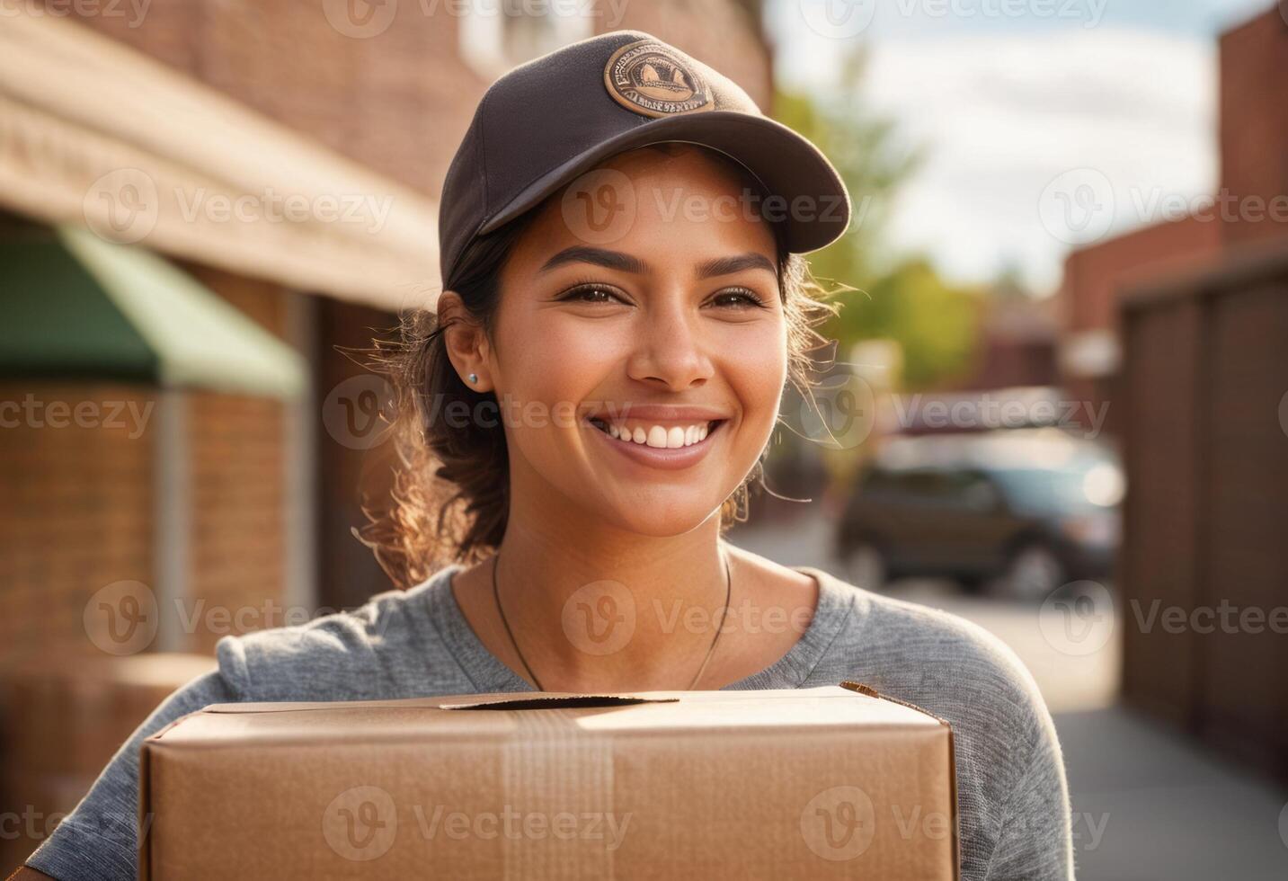 AI Generated A happy delivery person in a cap carries a parcel, providing prompt service with a smile. photo