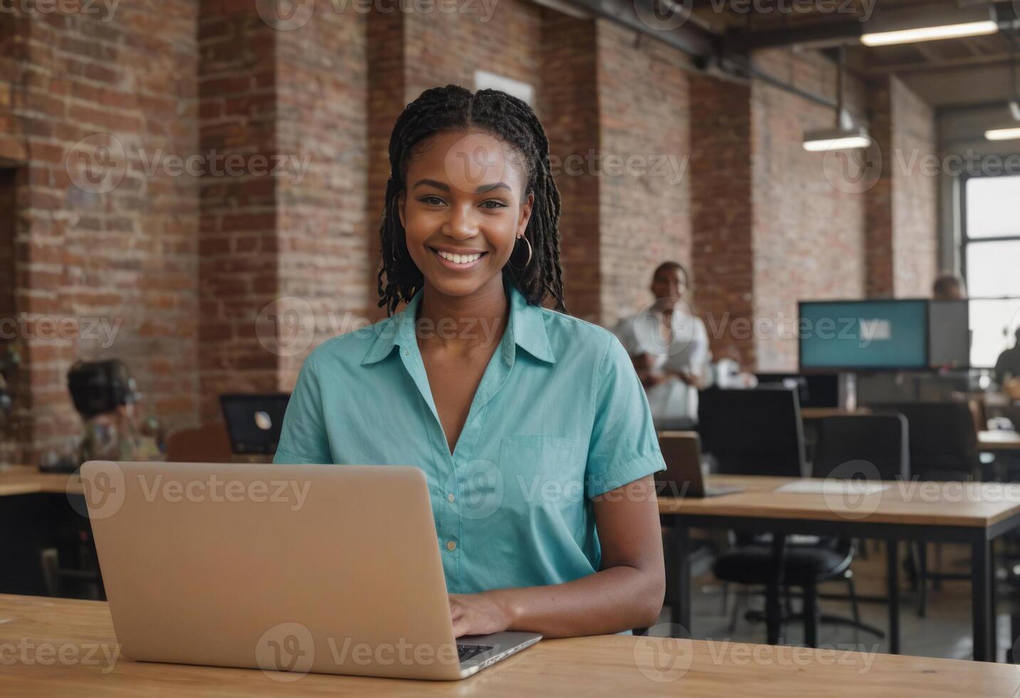 AI Generated Young adult woman working on a laptop in a modern office setting. She appears confident and focused on the task at hand. photo