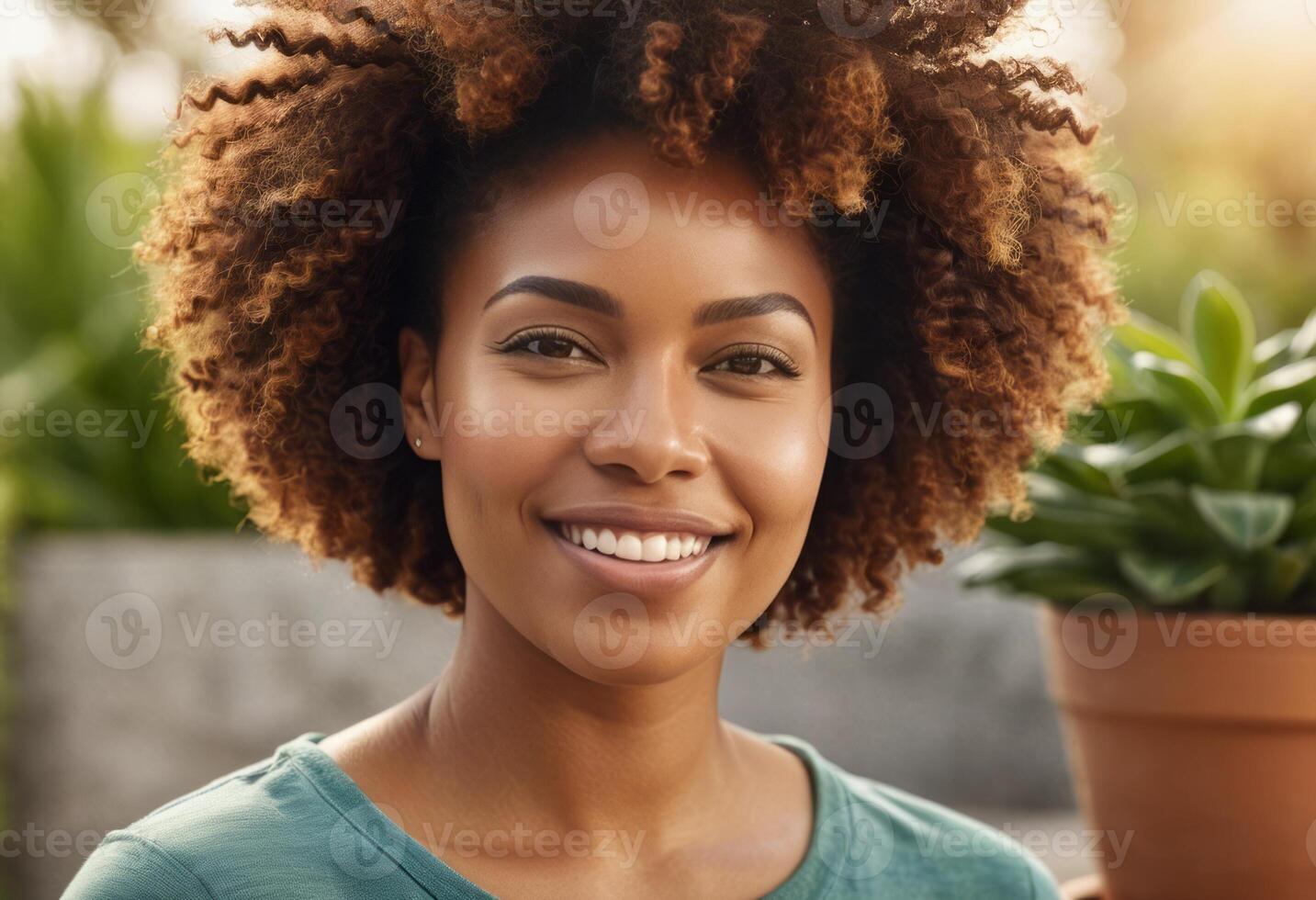 AI Generated A woman enjoys gardening on her balcony, surrounded by plants and fresh air, highlighting her green thumb and love for urban gardening. photo