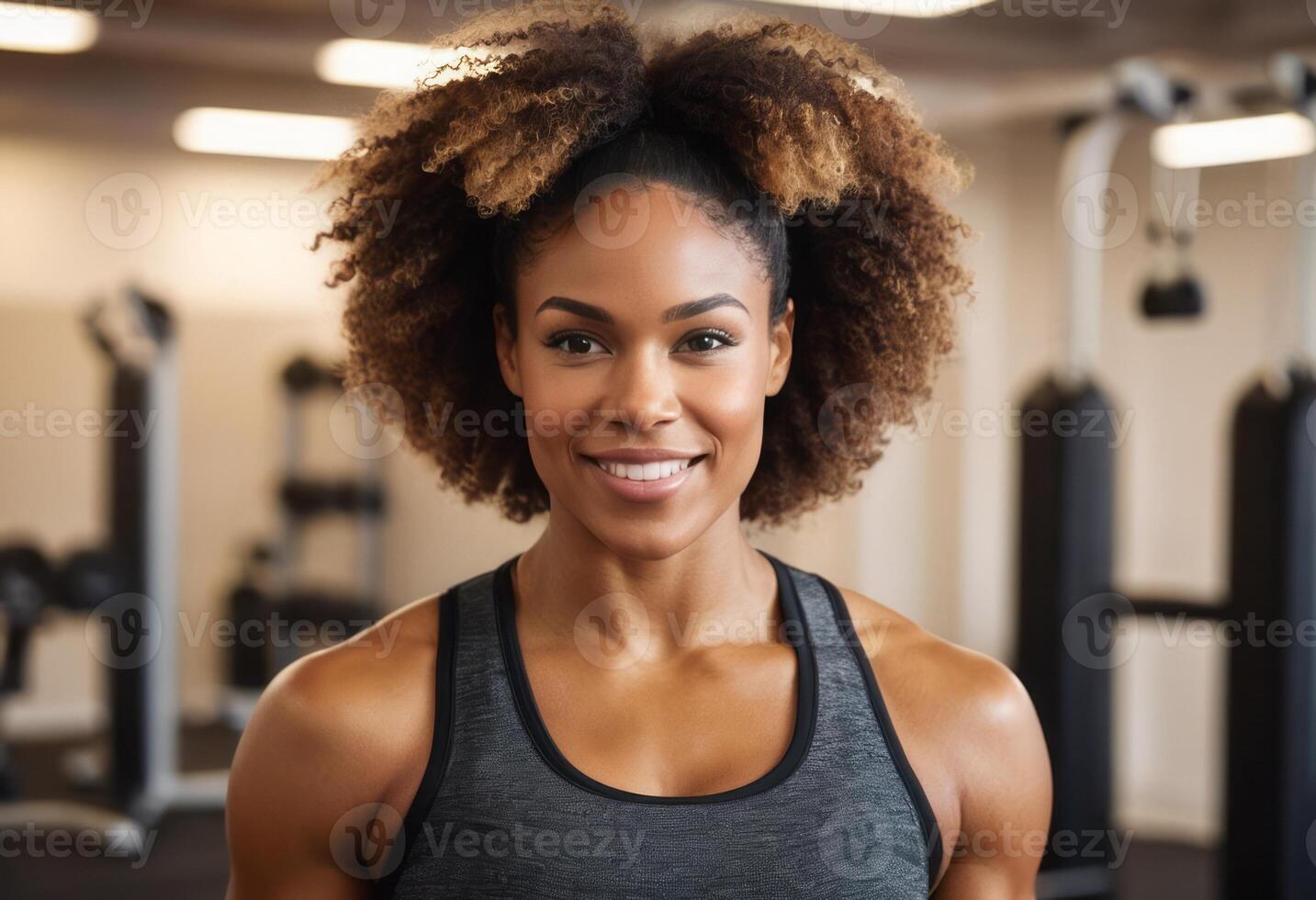 AI Generated A cheerful woman smiles in a fitness center, taking a break from her workout routine. photo