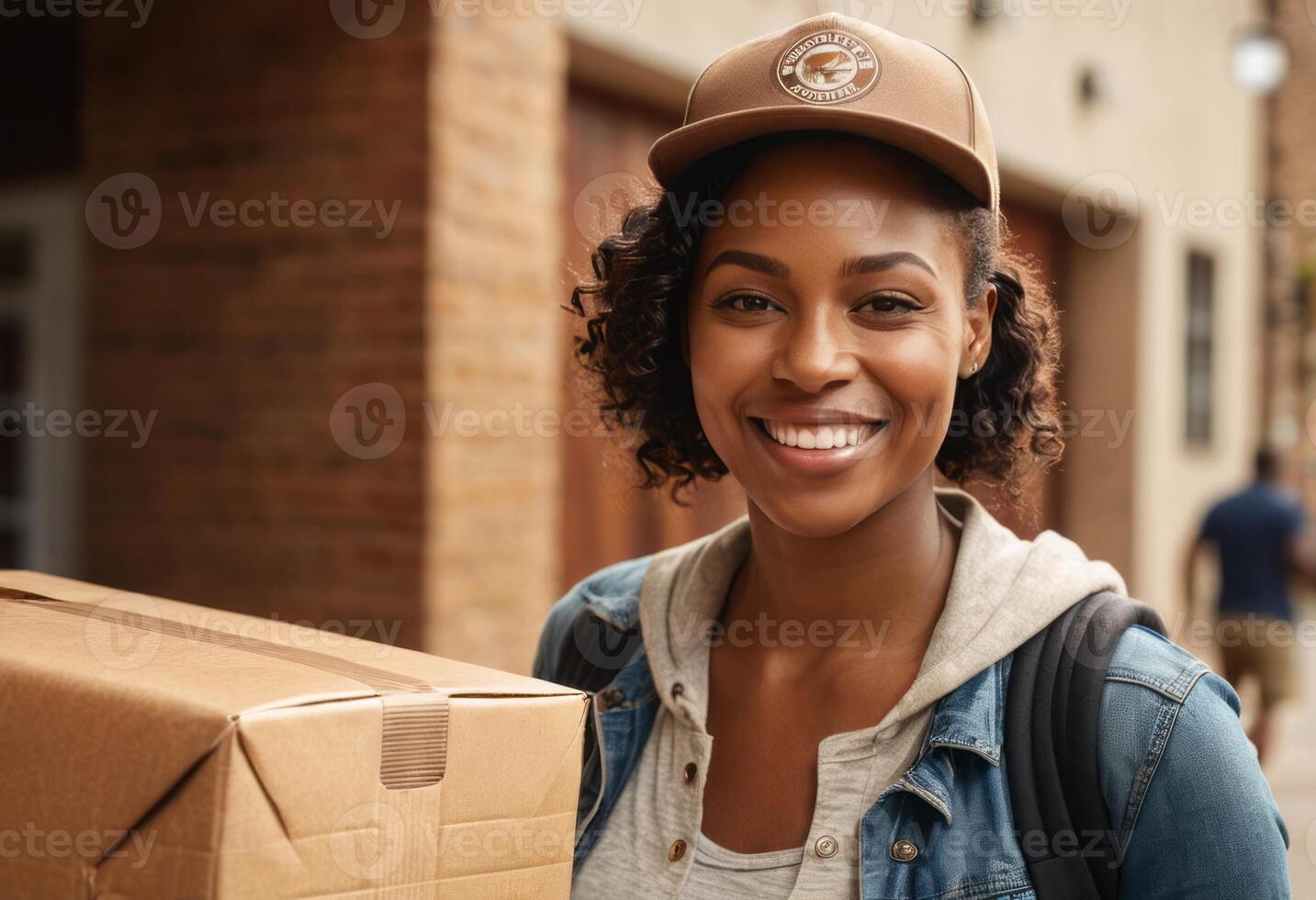 ai generado un mujer sonrisas participación un cartulina caja, en pie en un ciudad calle. el urbano antecedentes sugiere un nuevo residencia o oficina mover. foto