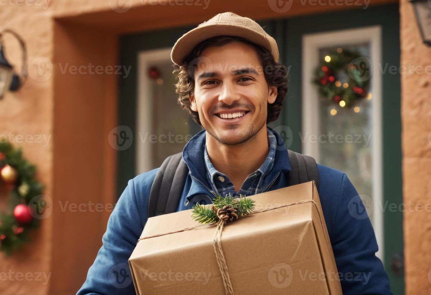 AI Generated A man stands at a decorated doorway holding a box, the festive wreaths suggesting a holiday delivery. photo