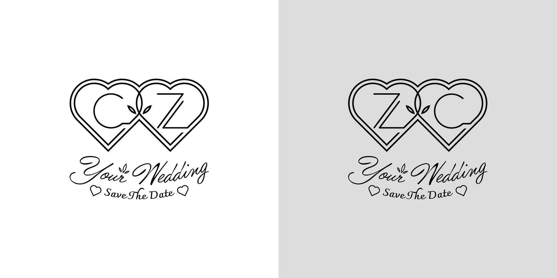 Letters CZ and ZC Wedding Love Logo, for couples with C and Z initials vector