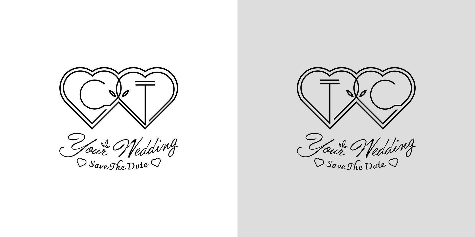 Letters CT and TC Wedding Love Logo, for couples with C and T initials vector