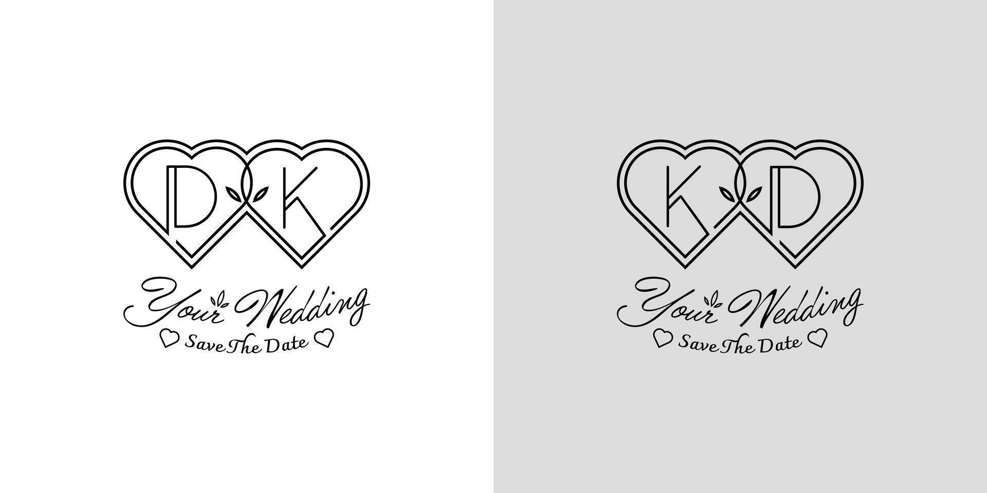 Letters DK and KD Wedding Love Logo, for couples with D and K initials vector
