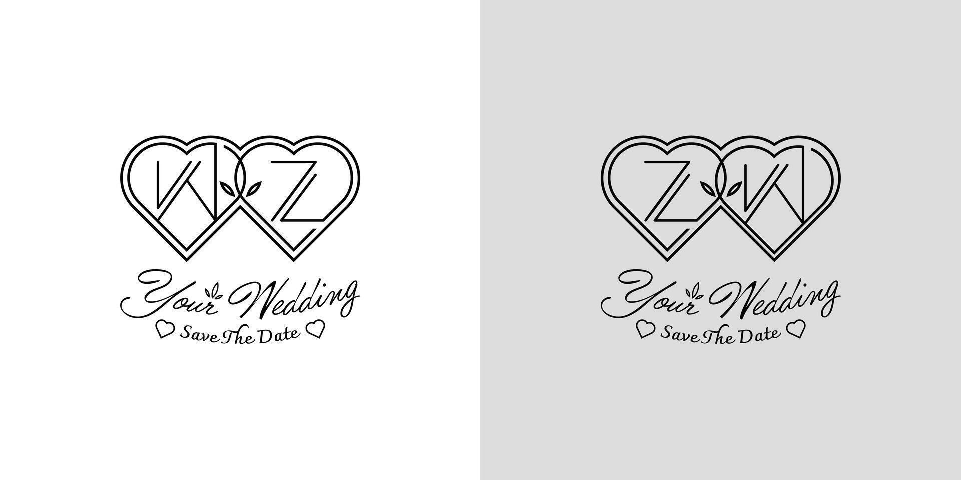 letras zw y wz Boda amor logo, para parejas con w y z iniciales vector