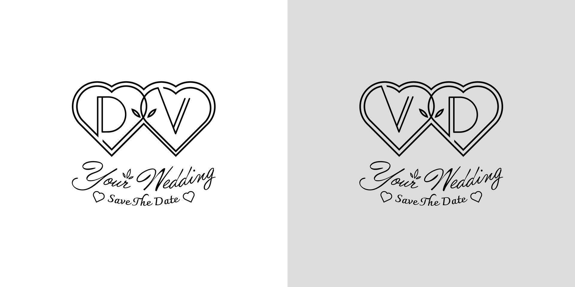 Letters DV and VD Wedding Love Logo, for couples with D and V initials vector