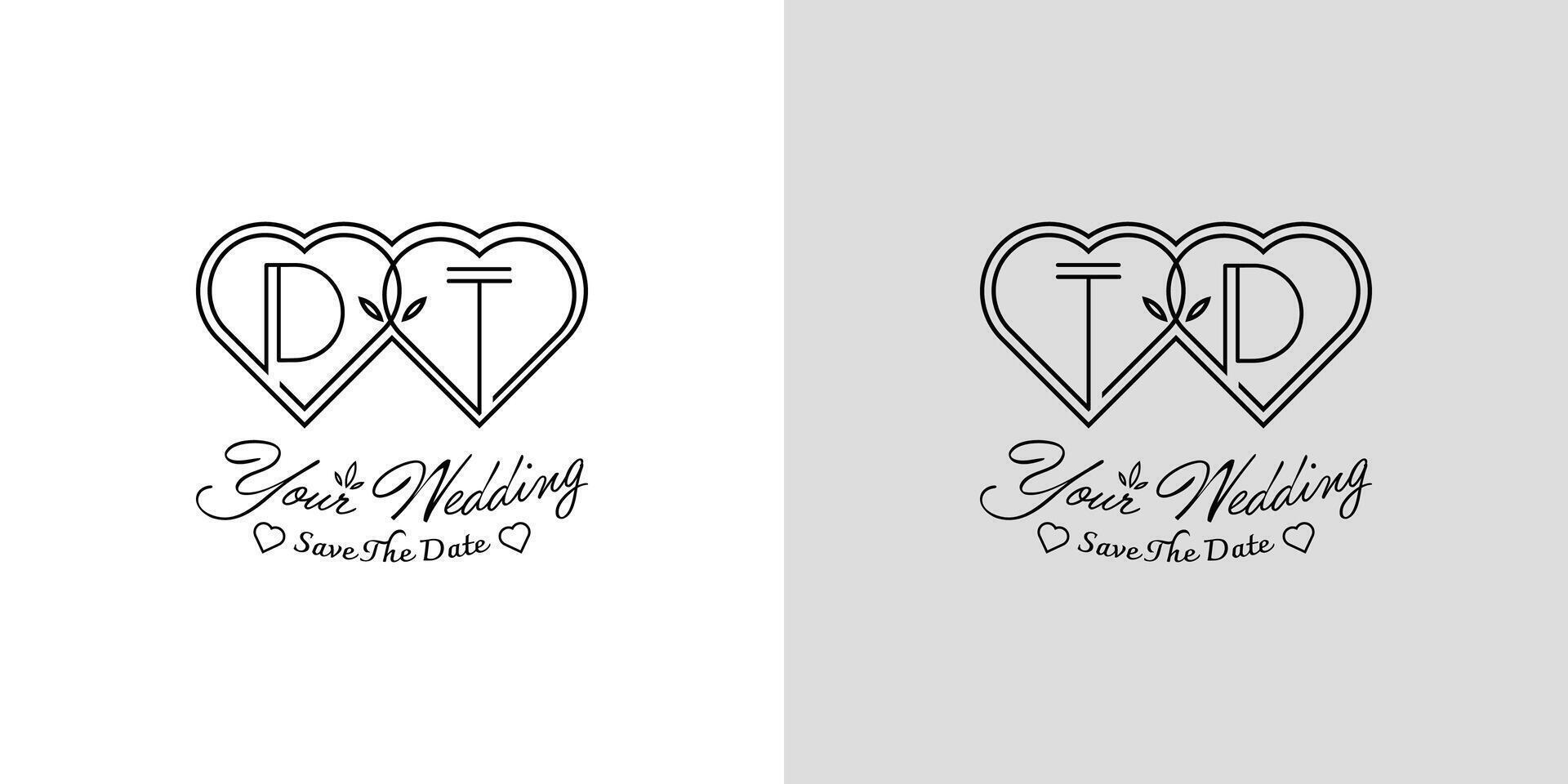 Letters DT and TD Wedding Love Logo, for couples with D and T initials vector