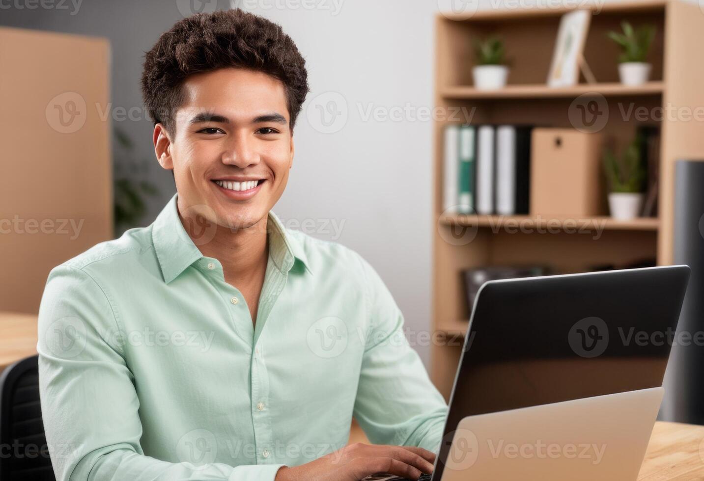 AI Generated Young professional with a tablet in a modern co-working space. Innovative and connected office environment. photo
