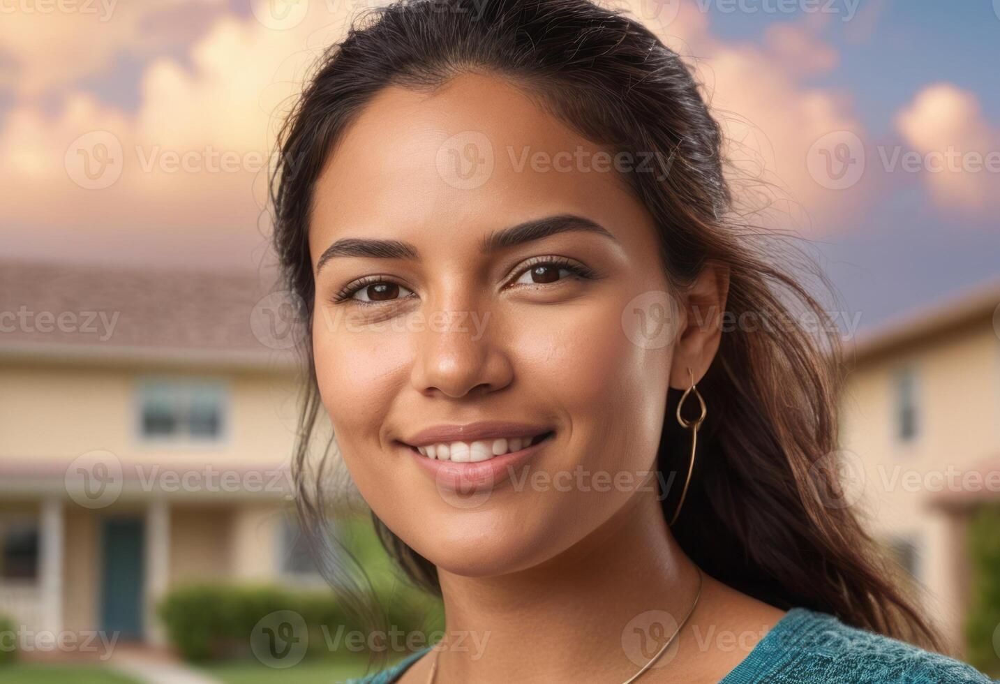 AI Generated A radiant woman smiles while enjoying time outdoors, reflecting happiness and relaxation in a suburban setting. photo