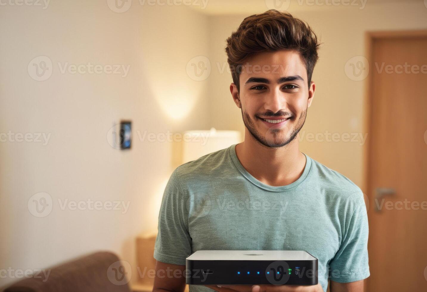 AI Generated A man smiles as he listens to music at home, showing enjoyment and relaxation with his wireless device. photo
