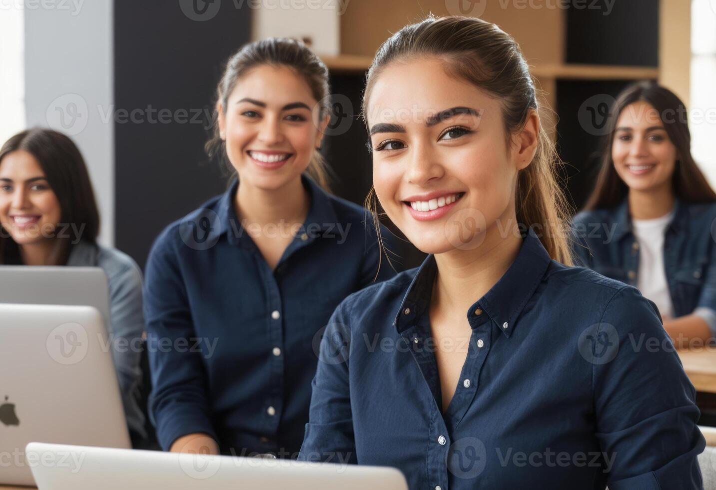 AI Generated An engaged woman with colleagues in a meeting at the office. She exhibits leadership and teamwork, reflected in her alert and cooperative demeanor. photo