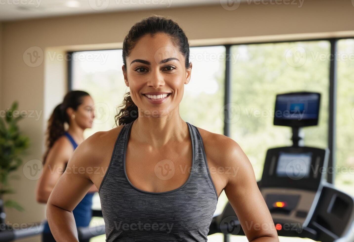 ai generado un enfocado gimnasio entusiasta usos cardio equipo. el Dedicación a aptitud es evidente en su intenso ejercicio. foto