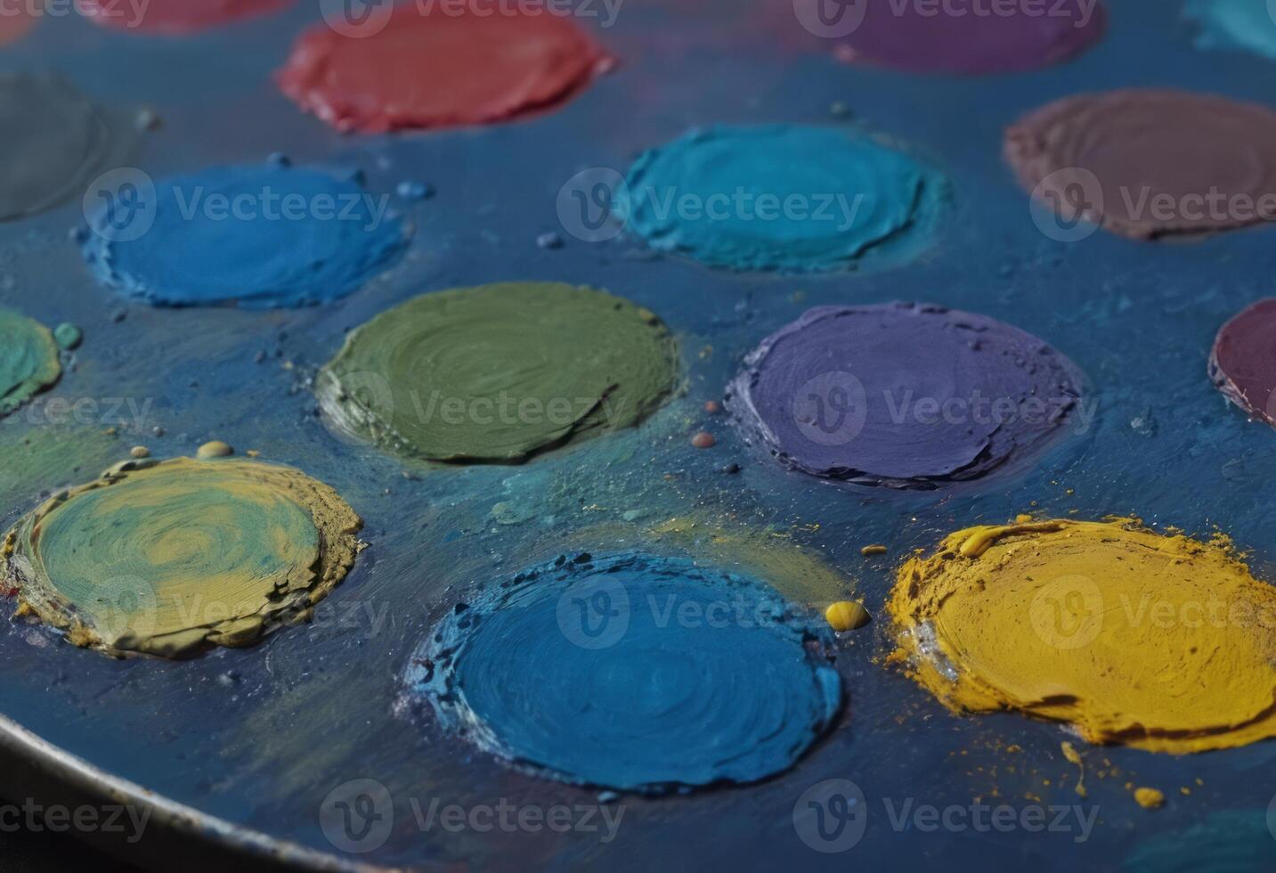 AI Generated A close-up of a colorful paint palette with various hues. The image captures the vibrancy of art materials. photo